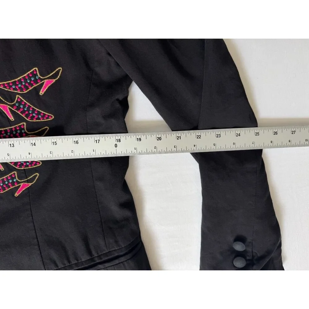 Vintage Black Blazer | Statement High-Heel Embroidery | Size Medium